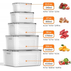 5 PCS Large Fruit Storage Containers for Fridge with Removable Colanders, Airtight Food Storage Containers with 5 Lids, 4 in 1 Produce Containers Keep Berry Fruits Vegetable Food Meat Fresh Longer