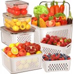 5 PCS Large Fruit Storage Containers for Fridge with Removable Colanders, Airtight Food Storage Containers with 5 Lids, 4 in 1 Produce Containers Keep Berry Fruits Vegetable Food Meat Fresh Longer