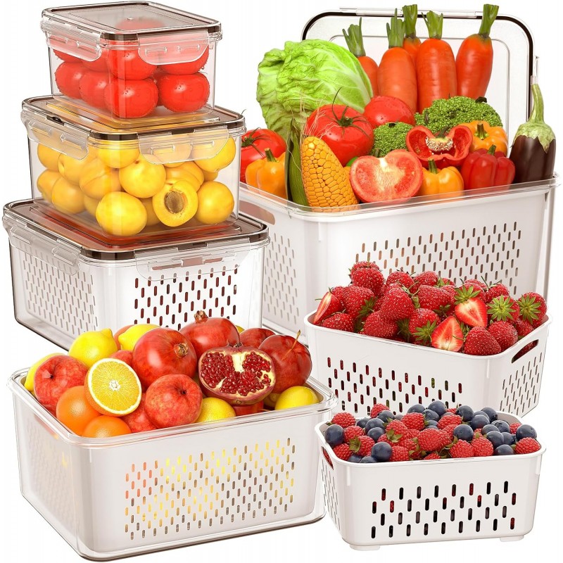 5 PCS Large Fruit Storage Containers for Fridge with Removable Colanders, Airtight Food Storage Containers with 5 Lids, 4 in 1 Produce Containers Keep Berry Fruits Vegetable Food Meat Fresh Longer
