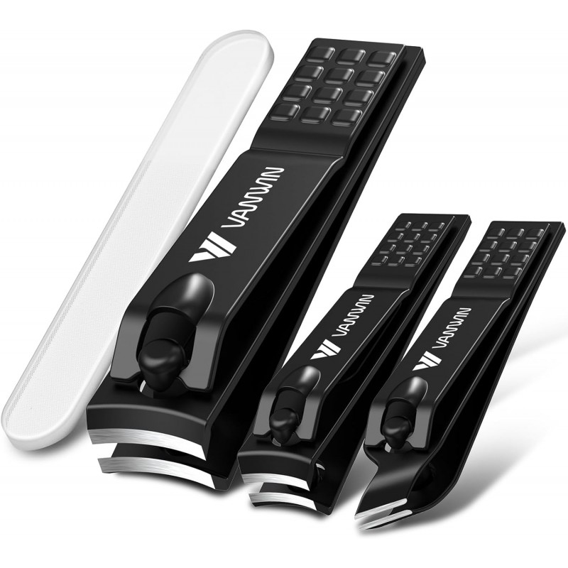 German Nail Clippers for Men, VANWIN Nail Clipper Set (4-Pack) Ultra Sharp Matte Stainless Steel Fingernail & Toenail Clippers with Glass Nail File, Nail Cutter Stocking Stuffers for Men Women Black