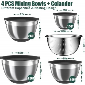 Mixing Bowls with Airtight Lids Set, 4 Stainless Steel Bowls Nesting Bowls & Colander, Kitchen Organizers and Storage Non-Slip Bottom, Size 1.5/2.0/2.5/4.5QT, Great for Mixing & Serving, Black