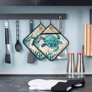 Potholders for Kitchens Clearance, Blue Sea Turtle Nautical Map Area Pot Holders Set of 2, Kitchen Heat Resistant Potholder for Microwave Cooking Baking Oven End Dishes and BBQ