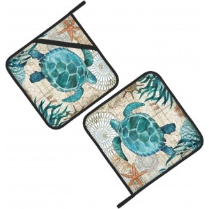 Potholders for Kitchens Clearance, Blue Sea Turtle Nautical Map Area Pot Holders Set of 2, Kitchen Heat Resistant Potholder for Microwave Cooking Baking Oven End Dishes and BBQ