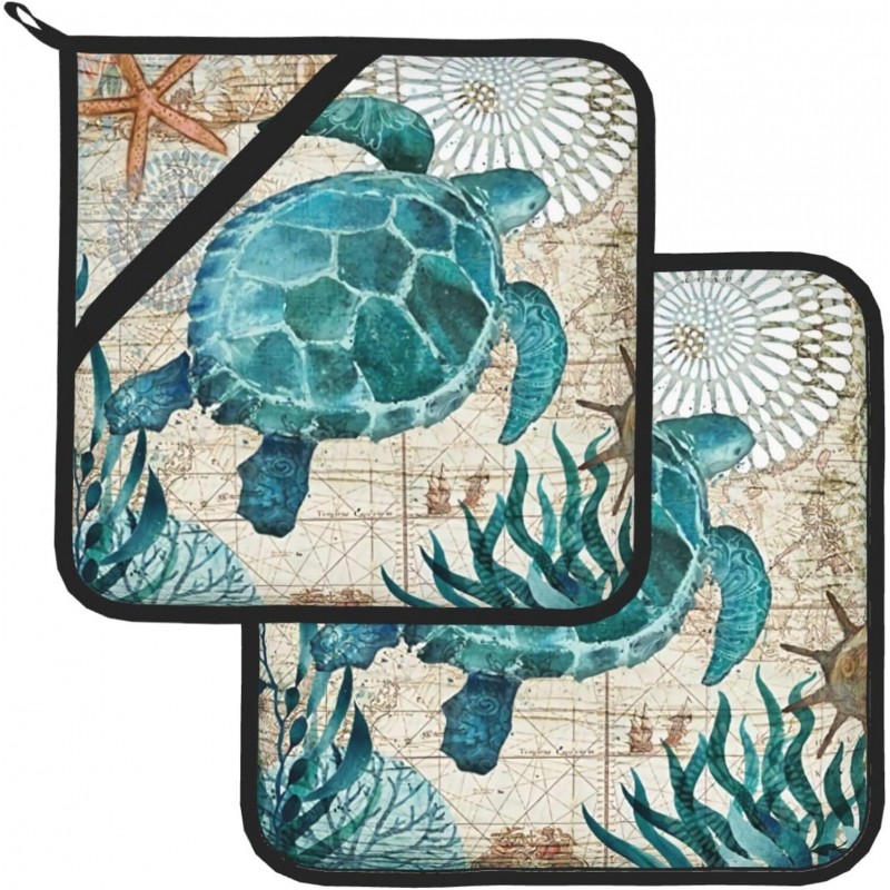 Potholders for Kitchens Clearance, Blue Sea Turtle Nautical Map Area Pot Holders Set of 2, Kitchen Heat Resistant Potholder for Microwave Cooking Baking Oven End Dishes and BBQ