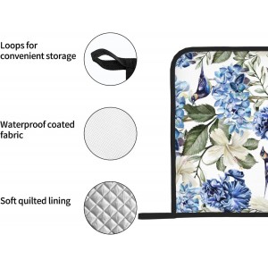 Blue Hydrangea Flowers Bird Pot Holder Set of 2,Heat Resistant Potholders Oven Hot Pads for Kitchen Cooking Baking BBQ
