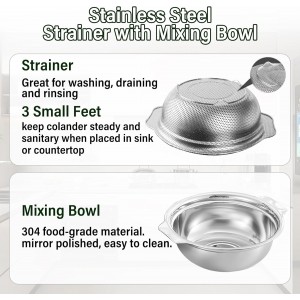 Stainless Steel Colander for Kitchen, 2.5QT Rice Washer Strainer with Mixing Bowl, Colander Bowl Set with Microporous for Washing Rice, Pasta, Spaghetti, Fruits, Dishwasher Safe(2PC)