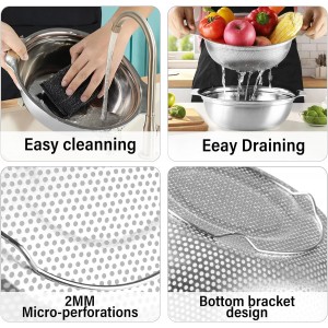Stainless Steel Colander for Kitchen, 2.5QT Rice Washer Strainer with Mixing Bowl, Colander Bowl Set with Microporous for Washing Rice, Pasta, Spaghetti, Fruits, Dishwasher Safe(2PC)