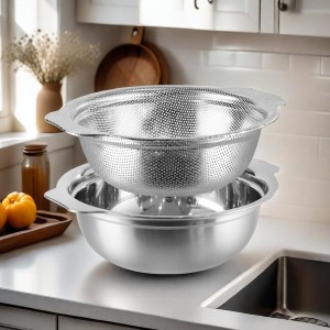 Stainless Steel Colander for Kitchen, 2.5QT Rice Washer Strainer with Mixing Bowl, Colander Bowl Set with Microporous for Washing Rice, Pasta, Spaghetti, Fruits, Dishwasher Safe(2PC)