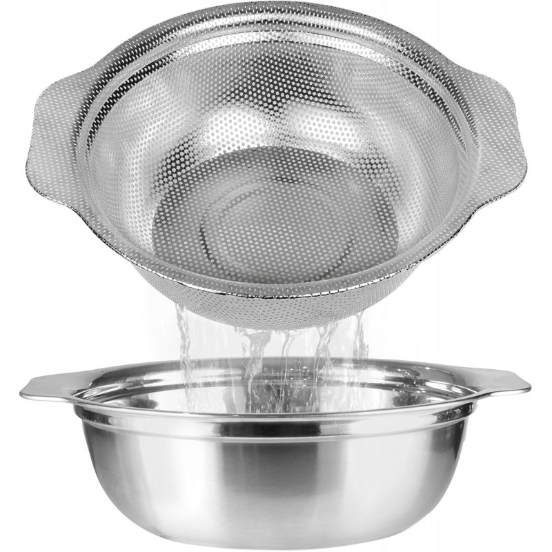 Stainless Steel Colander for Kitchen, 2.5QT Rice Washer Strainer with Mixing Bowl, Colander Bowl Set with Microporous for Washing Rice, Pasta, Spaghetti, Fruits, Dishwasher Safe(2PC)