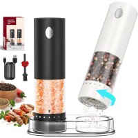 CIRCLE JOY Electric Salt and Pepper Grinder Set Rechargeable Salt and Pepper Mills with 6-Level External Adjustable Coarseness, White LED Light and Storage Base, Black & White