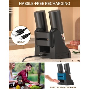 CIRCLE JOY Electric Salt and Pepper Grinder Set Automatic Salt and Pepper Grinder Set with Easy-to-Carry Charging Base and LED Light, USB Rechargeable, Upgrade External Adjustable Coarseness
