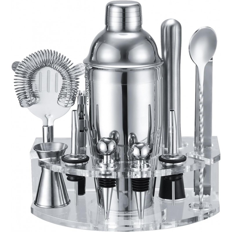 Bartender Kit Cocktail Shaker Set, Stainless Steel Cocktail Kit with 12 Piece Bar Accessories, 25oz Shaker Bar Set Drink Mixer Set with Stand Jigger Strainer Spoon Muddler for Cocktails (Silver)