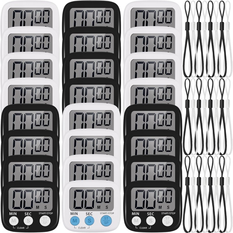 Weewooday 24 Pcs Small Digital Kitchen Timer Magnetic Back and Switch Minute Second Count up Countdown Big LCD Display Loud Alarm for Teacher Cooking Baking (Black,White)