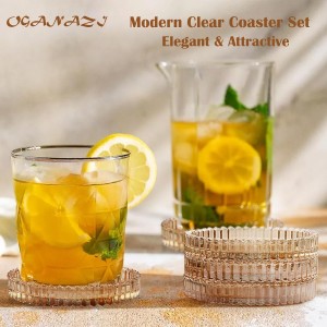 Modern Clear Coaster Set of 5- Glass Coasters for Drinks Crystal Coasters Round Cup Coasters Coffee Table Decor for Office, Kitchen, Bar, Dining Room, Living Room, Patio(Amber)