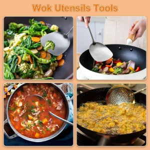 FJNATINH Wok Utensils - Wok tTools - Spatula and Ladle, Skimmer Spoon Set Metal 304 Stainless Steel Kitchen Cooking Utensils Sets, 3-Pieces Wok Tools, Wooden Handle 14-15 Inch