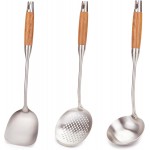 FJNATINH Wok Utensils - Wok tTools - Spatula and Ladle, Skimmer Spoon Set Metal 304 Stainless Steel Kitchen Cooking Utensils Sets, 3-Pieces Wok Tools, Wooden Handle 14-15 Inch