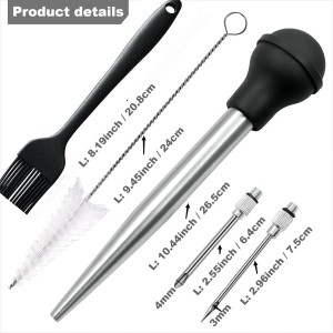 Turkey Baster, Baster Syringe for Cooking, Stainless Steel Baster with Marinade Injector Neddles &BBQ Brush & Cleaning Brush, Silicone Bulb, Stainless Steel Turkey Baster Set 5, Color Grey