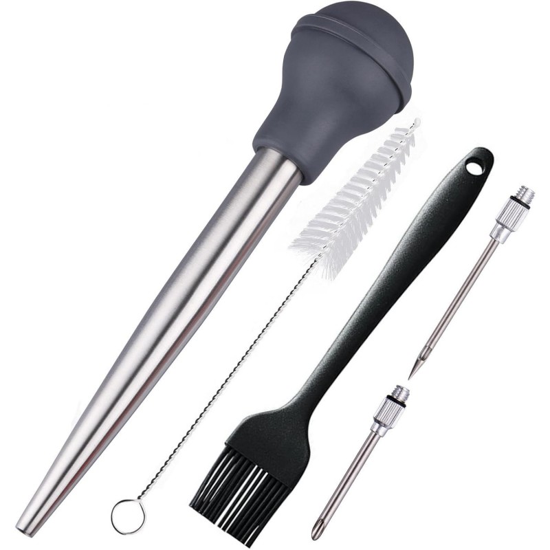 Turkey Baster, Baster Syringe for Cooking, Stainless Steel Baster with Marinade Injector Neddles &BBQ Brush & Cleaning Brush, Silicone Bulb, Stainless Steel Turkey Baster Set 5, Color Grey