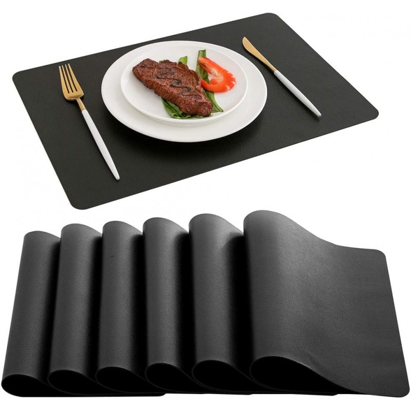 DOLOPL Black Placemats Set of 6, Faux Leather Heat Resistant Table Placemat for Dining Table Protection, Waterproof Wipeable & Washable Kitchen Table Mats for Everyday Dining,Party,BBQ,Holiday