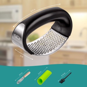 Garlic press rocker, crusher, mincer tool stainless steel with a Garlic Peeler, spatula, and Brush extract more Garlic Paste. The Garlic Mincer Tool Squeezes, Extracts, Crushes