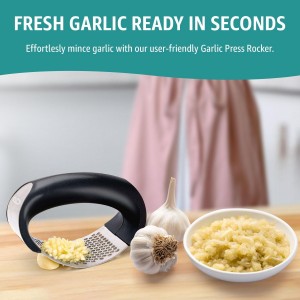 Garlic press rocker, crusher, mincer tool stainless steel with a Garlic Peeler, spatula, and Brush extract more Garlic Paste. The Garlic Mincer Tool Squeezes, Extracts, Crushes
