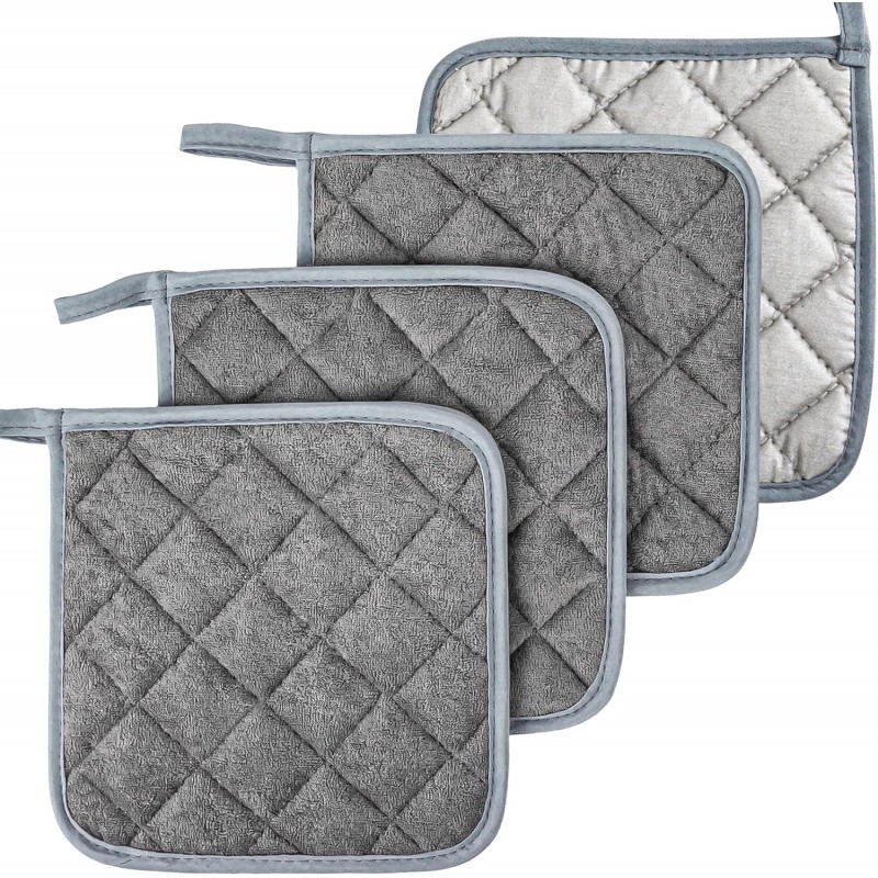 MAQIHAN Pot Holders for Kitchen - 4 PCS Cotton Pot Holder Set Hot Pads for Kitchen and Dining Essentials Decor and Accessories Gray 7 Inch Terry Cloth for Oven Cooking Baking Pans