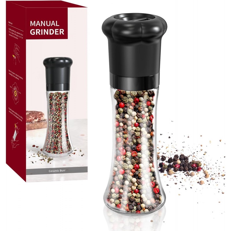 CIRCLE JOY Manual Pepper Grinder, Spice Mill for Professional Chef, Refillable Pepper Shakers with Ceramic Blades, Adjustable Coarseness and BPA-free 180ml Glass Container, Tall Black