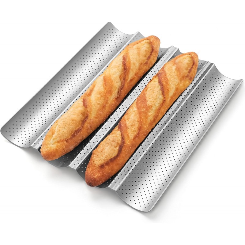 Baguette Bread Pan, Premium Nonstick Perforated Baguette Pan for French Bread Baking, 4 Loaves Baguette Baking Tray for Sourdough, Italian Bread, Perfect for Creating Crisp Golden-Brown Crust