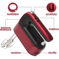 9-Speed Digital Hand Mixer Electric, 400W Powerful DC Motor, Hand Mixer Electric Handheld with Snap-On Storage Case, 5 Stainless Steel Accessories, Beaters, Dough Hooks, Whisk(Red)