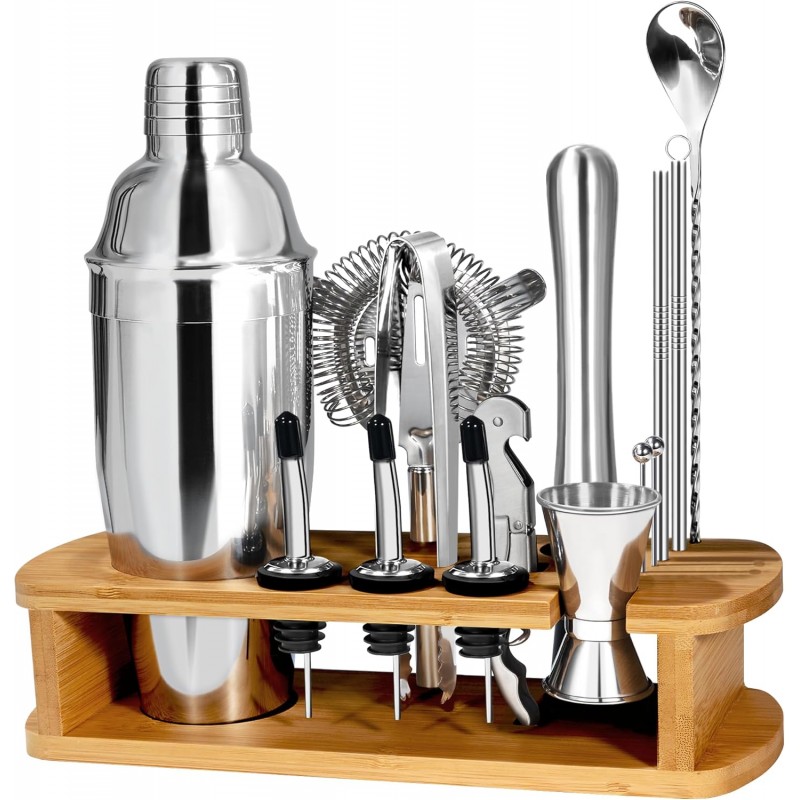 Cocktail Shaker Set Mixology Bartender Kit with Stand, 17 Piece Bar Tool Set: Martini Shaker, Jigger, Strainer, Mixer Spoon, Muddler, Liquor Pourers for Drink Mixing Bartending Kit(Silver)