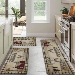 PVC Farmhouse Kitchen Rugs Anti Fatigue 3 Piece, Washable Non-Skid Kitchen Mat, Farmhouse Rooster Kitchen Floor Mat, Cushioned Kitchen Floor Mats, Size 18'' x 30''+18