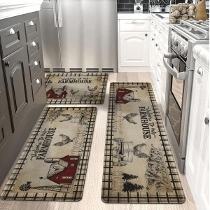 PVC Farmhouse Kitchen Rugs Anti Fatigue 3 Piece, Washable Non-Skid Kitchen Mat, Farmhouse Rooster Kitchen Floor Mat, Cushioned Kitchen Floor Mats, Size 18'' x 30''+18
