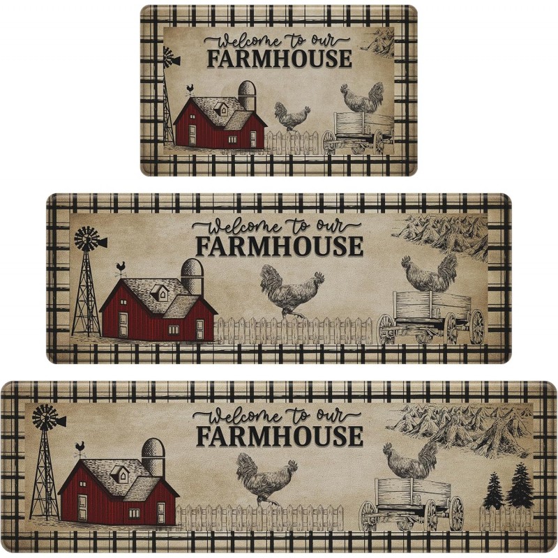 PVC Farmhouse Kitchen Rugs Anti Fatigue 3 Piece, Washable Non-Skid Kitchen Mat, Farmhouse Rooster Kitchen Floor Mat, Cushioned Kitchen Floor Mats, Size 18'' x 30''+18