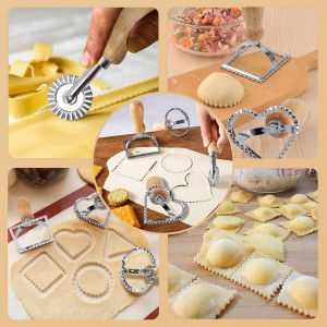 Ravioli Stamp Maker Cutter with Roller Wheel Set, 4Pcs Ravioli Cutter with Wooden Handle and Fluted Edge Ravioli Mold for Ravioli, Pasta, Dumplings Lasagna, Pierogi (Style A)