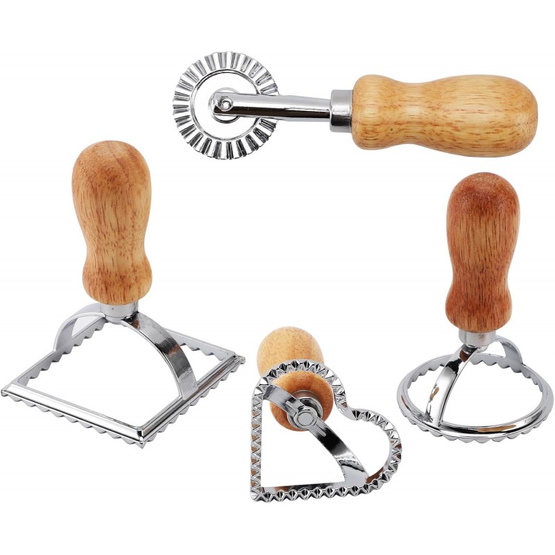 Ravioli Stamp Maker Cutter with Roller Wheel Set, 4Pcs Ravioli Cutter with Wooden Handle and Fluted Edge Ravioli Mold for Ravioli, Pasta, Dumplings Lasagna, Pierogi (Style A)