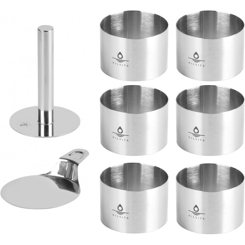8 Pcs Cake Ring Molds, Seamless Stainless Steel Cake Cutter For Baking, 3 inch Cooking Rings with Pusher & Lifter, Dessert Mousse Molds Baking Tools, Includes 1 Pusher, 1 Lifter and 6 Rings