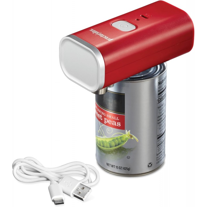 Proctor Silex Automatic Electric Can Opener, Hands Free Cordless Operation & USB Rechargeable, Self-Aligning, Cut Smooth Touch Lid Edges, Compact and Easy to Store, Red