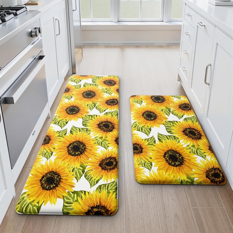 MAYHMYO Sunflower Kitchen Mat Set of 2 - Anti Fatigue Mats for Kitchen Floor - Non Slip Cushioned Rugs for Standing - Sunflower Decor (17.3