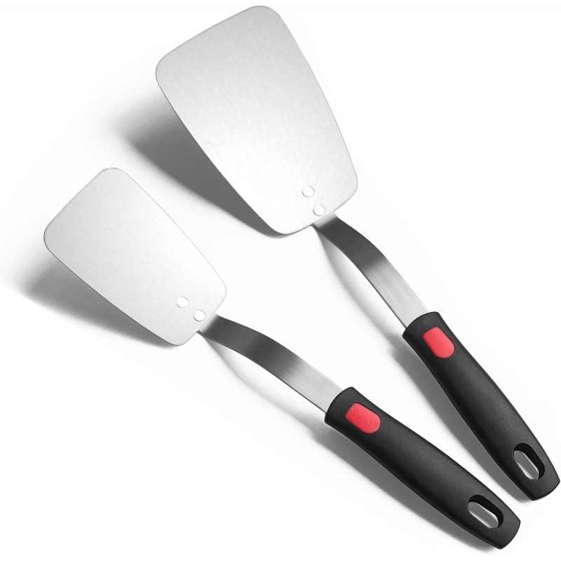 Stainless Steel Flexible Spatula Solid Turner, XiaoZu Thin Metal Spatula for Cast Iron Skillet, Thin Blade and Heat Resistant Silicone Handle, Great for Egg, Cookie, Meat, Crep, Medium + Large