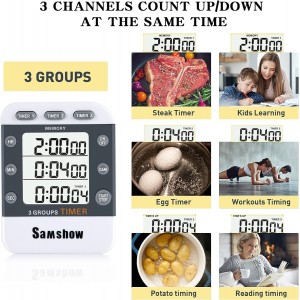 Digital Kitchen Timer Dual Timers 3 Channels Count UP/Down Cooking Timer Large Display, Adjustable Volume Alarm with Magnetic Back, Stand, Battery Included
