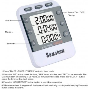 Digital Kitchen Timer Dual Timers 3 Channels Count UP/Down Cooking Timer Large Display, Adjustable Volume Alarm with Magnetic Back, Stand, Battery Included