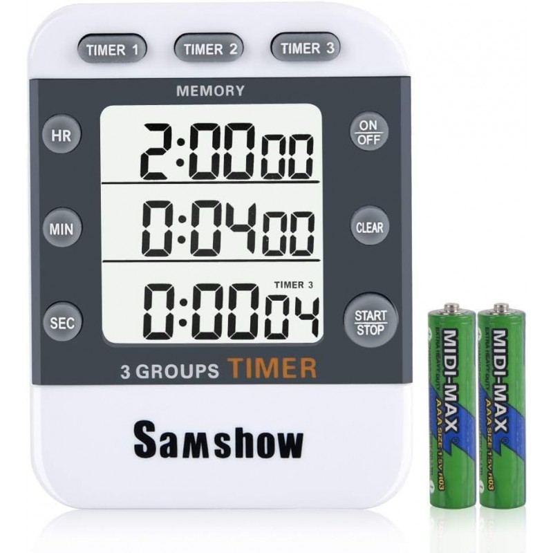 Digital Kitchen Timer Dual Timers 3 Channels Count UP/Down Cooking Timer Large Display, Adjustable Volume Alarm with Magnetic Back, Stand, Battery Included