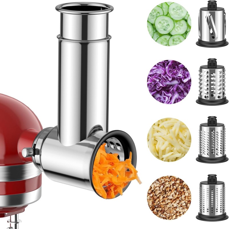 Stainless Steel Slicer Shredder Attachment for Kitchenaid Stnad Mixer, Cheese Grater Attachment for KitchenAid - 4 Blades Salad Maker with Grinding Powder Function by FGREEBLE