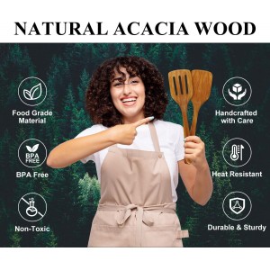 2 PCS Acacia Wood Spatula for Cooking Utensil Set Baking Spatulas for Kitchen Use Accessories Flat Slotted Turner Non Toxic Olive Wooden Utensils Non Stick Bamboo Serving Spatula Long Wok Spatulas