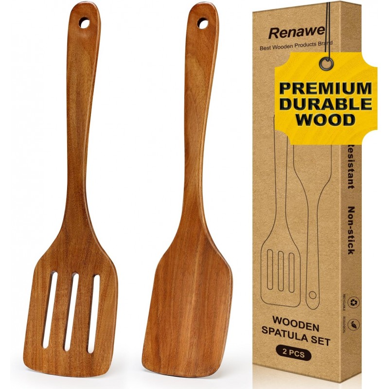 2 PCS Acacia Wood Spatula for Cooking Utensil Set Baking Spatulas for Kitchen Use Accessories Flat Slotted Turner Non Toxic Olive Wooden Utensils Non Stick Bamboo Serving Spatula Long Wok Spatulas