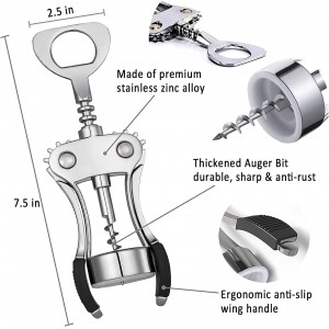 Wine Opener, Zinc Alloy Premium Wine Bottle Opener Wing Corkscrew Heavy Duty, Manual Multifunctional Cork Screw for Waiter, Silver