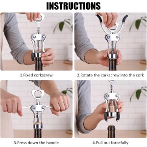 Wine Opener, Zinc Alloy Premium Wine Bottle Opener Wing Corkscrew Heavy Duty, Manual Multifunctional Cork Screw for Waiter, Silver