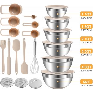 Mixing Bowls with Airtight Lids Set, 20 PCS Kitchen Gadgets Set, 6 Stainless Steel Bowls,3 Grater Attachments,Non-Slip Silicone Bottoms,Great for Serving&Baking,Size 5, 4, 3.5, 2.1, 1.5, 1.1QT (Khaki)
