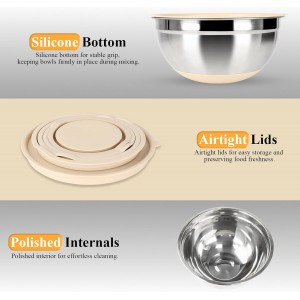 Mixing Bowls with Airtight Lids Set, 20 PCS Kitchen Gadgets Set, 6 Stainless Steel Bowls,3 Grater Attachments,Non-Slip Silicone Bottoms,Great for Serving&Baking,Size 5, 4, 3.5, 2.1, 1.5, 1.1QT (Khaki)