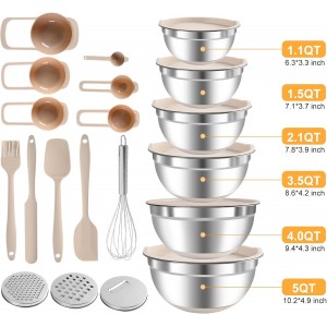 Mixing Bowls with Airtight Lids Set, 20 PCS Kitchen Gadgets Set, 6 Stainless Steel Bowls,3 Grater Attachments,Non-Slip Silicone Bottoms,Great for Serving&Baking,Size 5, 4, 3.5, 2.1, 1.5, 1.1QT (Khaki)